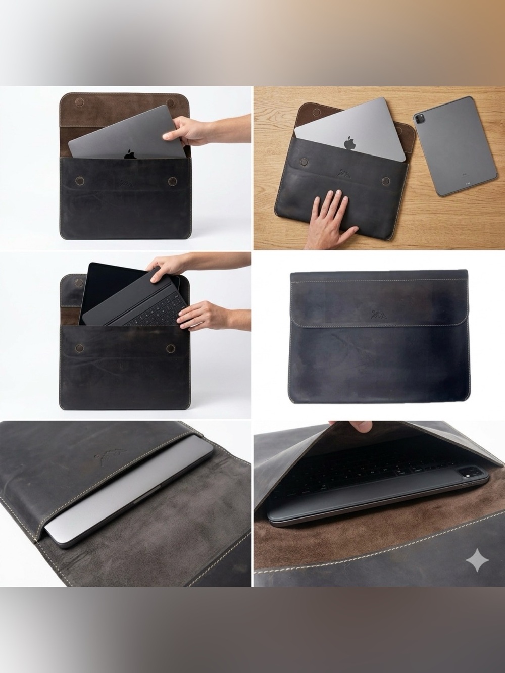 Black Genuine Leather 14 Laptop Sleeve Case iPad Pro 12.9 13 Mountain Folio Bag